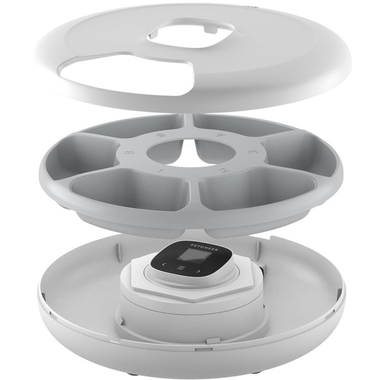 Petoneer NutriSpin 6 Meal Pet Feeder with 170mL Capacity per Compartment, Paw Protection, Detachable Design, Wet and Dry Food Blend, VA display - White