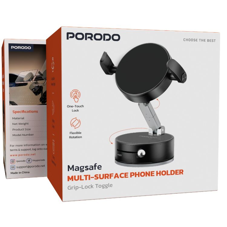 Porodo MagSafe Multi-Surface Phone Holder with Grip-Lock Toggle, Flexible Rotation, Aluminium Alloy & Zinc Alloy & ABS Material, Foldable Design, Strong Magnetic Hold - Black