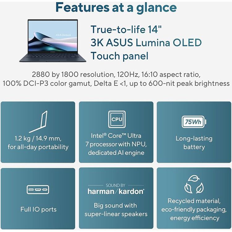 ASUS Zenbook 14 OLED Laptop - Intel Core Ultra 7 155H, 16GB RAM, 1TB SSD, Intel Arc Graphics, 14" 3K, Windows 11 Home - Ponder Blue