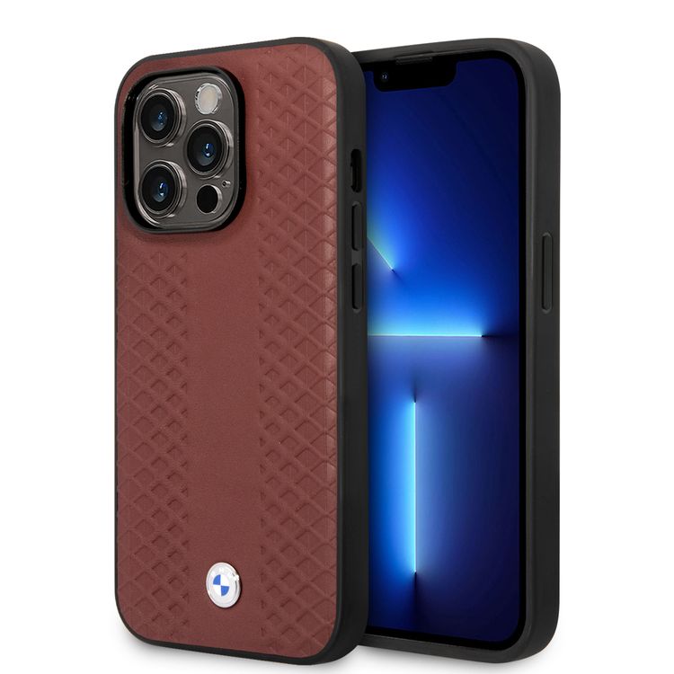 BMW Magsafe Compatibility Signature Collection Genuine Leather with Diamond Hot Stamp Pattern iPhone 14 Pro Compatibility - Burgundy