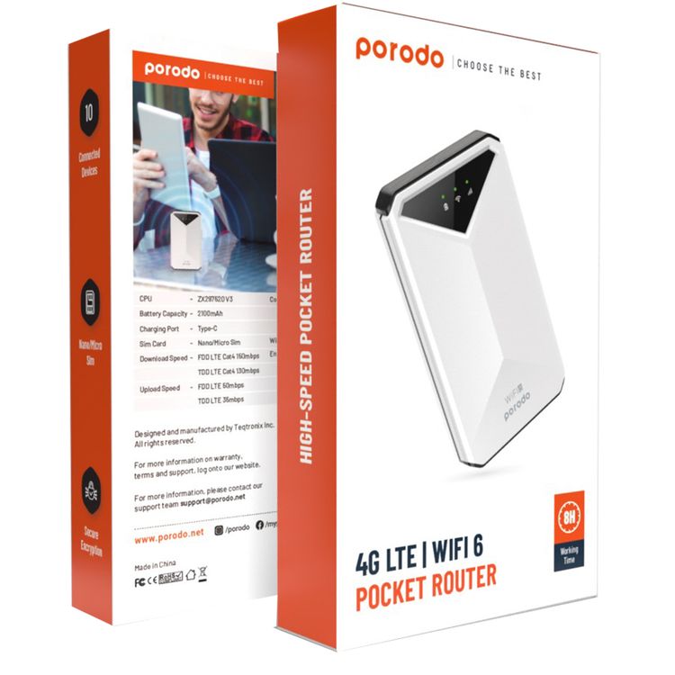 Porodo 4G LTE & WiFi 6 Pocket Router with 8 Hours Working Time, Secure Encryption, Micro & Nano Sim Capability, 2100mAh Battery Capacity, Type-C Charging Port, Lightweight  - White