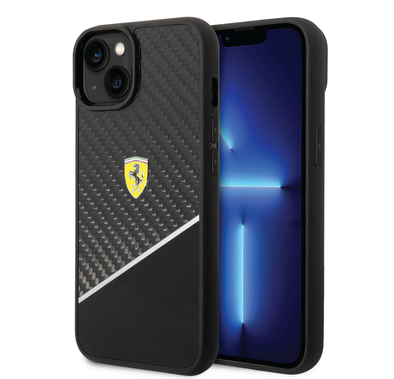 Ferrari Bimaterial Carbon Case & Polycarbonate & Silver Stripe iPhone 14 Compatibility - Black