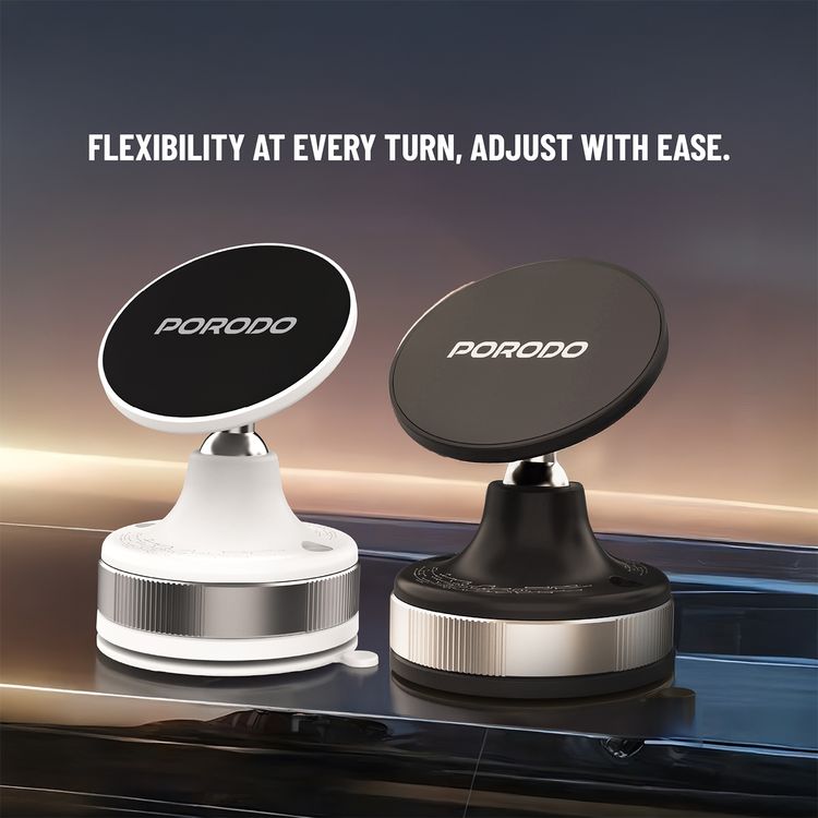 Porodo Vacuseal Smart Suction Magnetic Phone Mount with Adjustable Viewing Angle, N52 Magnets, 5.5" to 6.9" Device Compatibility, Strong Suction - White