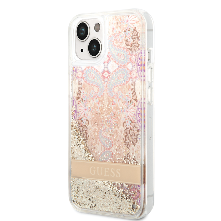 Guess Liquid Glitter Case with Flower Pattern Extra Shine Smooth Touch Feel iPhone 14 Compatibility - Gold
