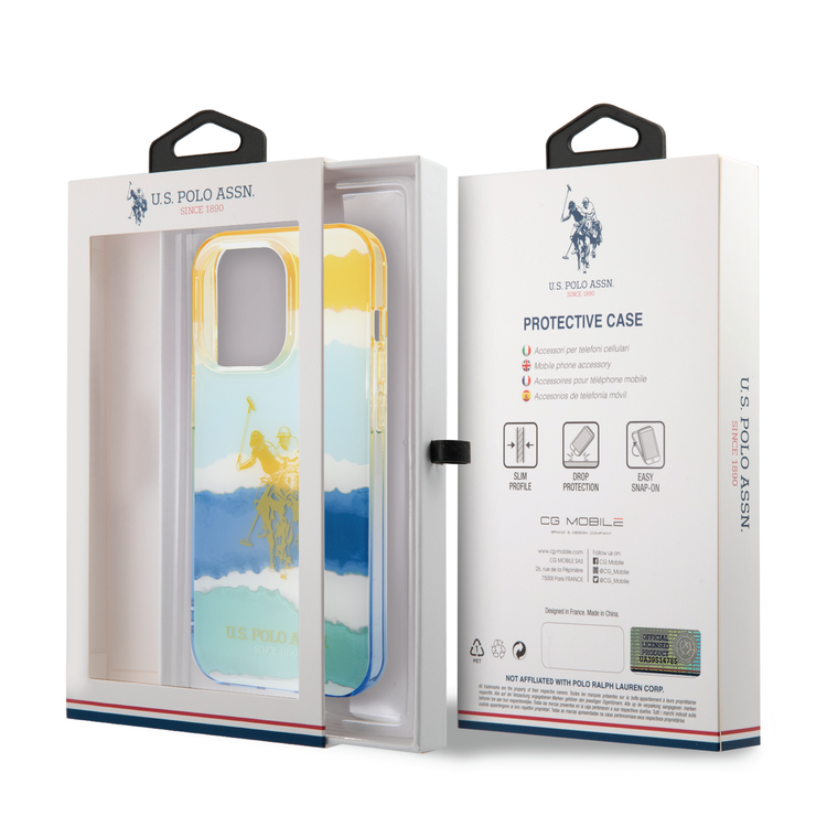 USPA PC/TPU Case with Blurred Stripes & Horse Logo iPhone 14 Pro Compatibility - Yellow