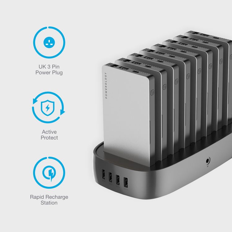 Powerology 8-in-1 Power Bank Station 8000mAh With Built-in Cable, Portable Power Bank and 1 Rapid Recharging Station Compatible iPhone Devices, Type C Charging Ports - Silver