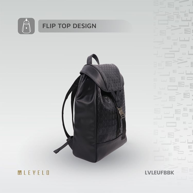 Levelo Envol Universal Fashion Backpack with Premium Leather Material, Scratch Resistant, Lightweight Design, Push Buckles, Drawstring Closure, Multiple Compartments - Black