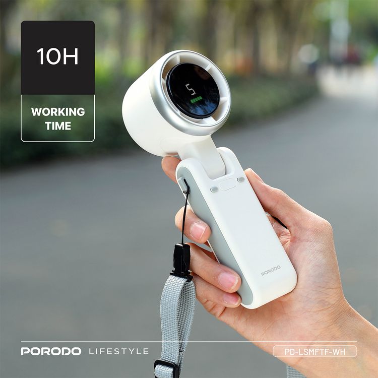 Porodo LifeStyle 3in1 Multi Functional 180° Foldable Handheld Turbo Fan, 3600mAh, 10 Hours Working Time, Type-C Charging Port,  Digital Display, 3.5 Hours Recharging Time - White