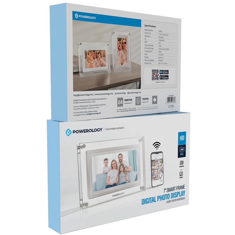 Powerology Digital Photo Display with 7" IPS Smart Frame, 1024×600 pixels Resolution, Smart Photo Centering, 32GB Built-in Storage, Android 6.0 OS, Wireless Instant Sharing - White