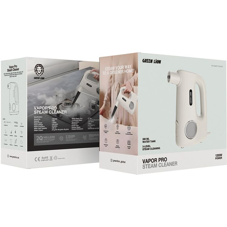منظف البخار برو من جرين ليون مع شاشة تحكم باللمس، قدرة طاقة 1200 واط، سعة خزان الماء 380 مل، 8-13 دقيقة بخار مستمر، تنظيف بالبخار بثلاث مستويات - بلون البيج
