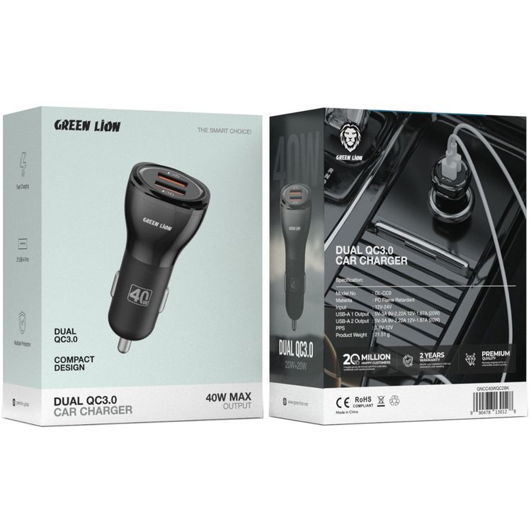 Green Lion Dual QC3.0 Car Charger with PC Flame Retardant, 40W Power Output Max, Fast Charging, Multiple Protection, Ultra Portable, Compact Design - Black
