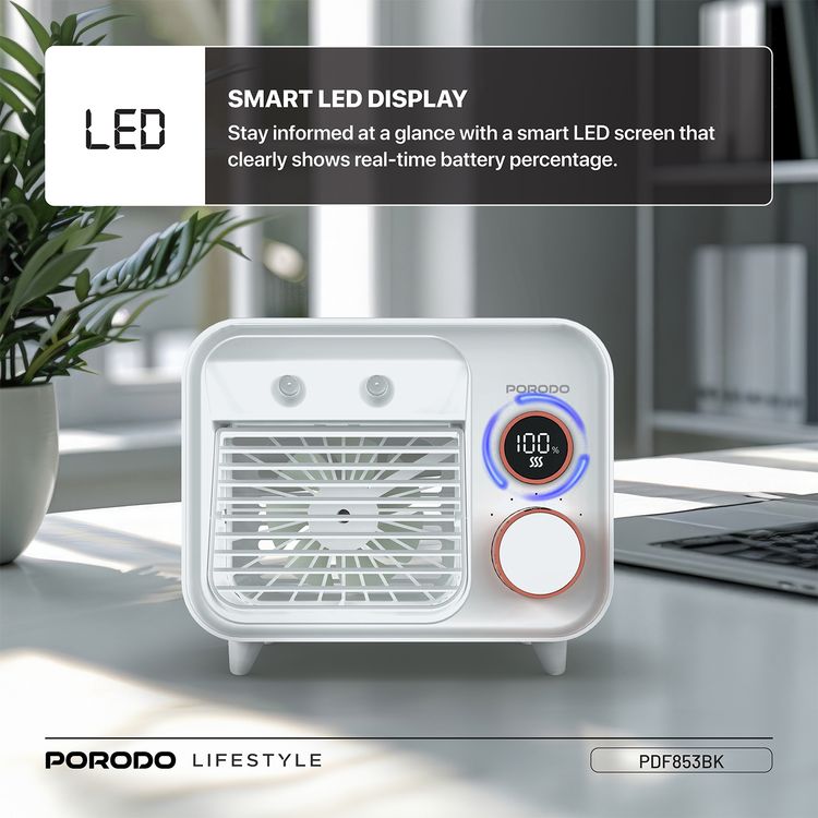 Porodo Mini Mist Fan Desktop Air Cooler with LED Display & Knob Control, 250mL Tank Capacity, 2000mAh Battery, 7.4W Rated Power, Up to 7 Hours Working Time, USB-C Charging Port, 5 Speed levels, Instant Cooling Mist - White