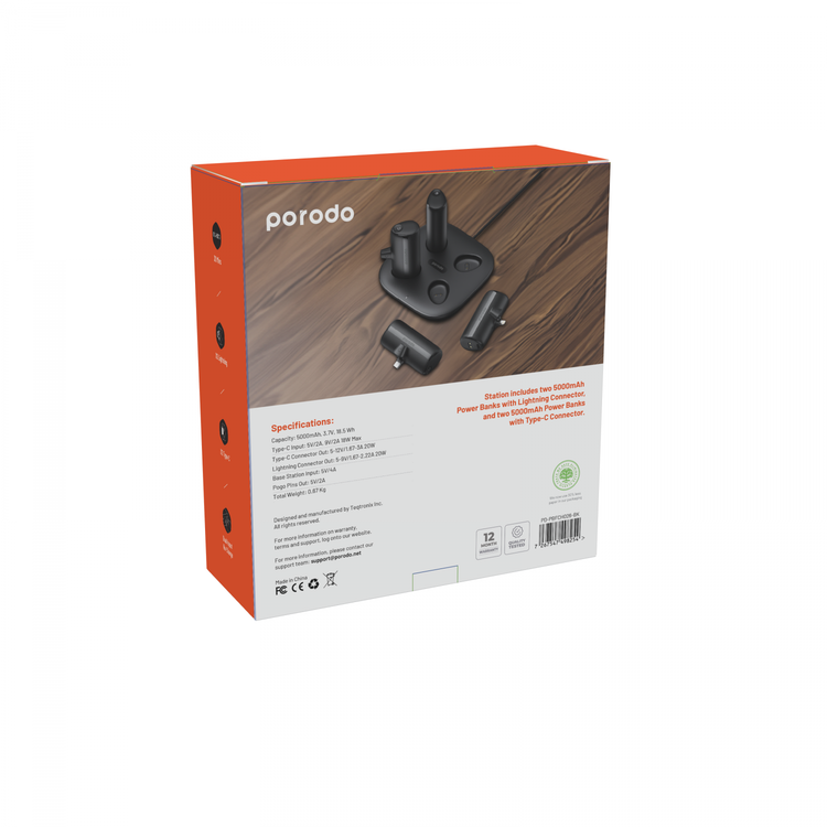 Porodo 4in1 Powerbank Station - Black - 5000mAh X2 Lightning O/P X2 Type-C