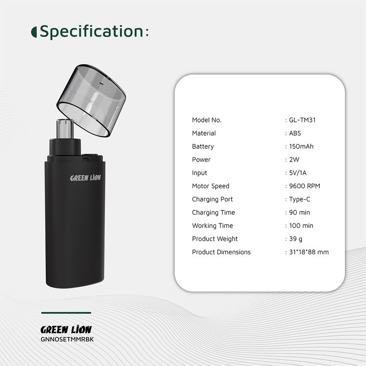 Green Lion Nose Pro Nose & Ear Trimmer with 2 Speed Settings, 360° Rotating Head, Detachable Cutter, 150mAh Battery, 100 Minutes Working Time & 90 Minutes Charging Time, Safety Protection - Black