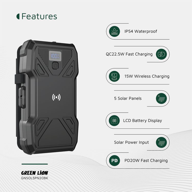 Green Lion Solar 5-Panel 20000mAh Power Bank with LCD Battery Display, IP54 Waterproof, 3 LED Modes, QC 22.5W Fast Charging, 15W Wireless Charging - Black