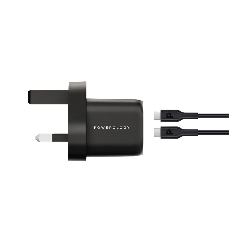 Powerology 33W GaN PD Charger with 1.2m USB-C to USB-C Cable, UK 3-Pin Plug, Built-in Safeguards, 0%-60% Charge in 30 Minutes, USB-C Fast Charging - Black