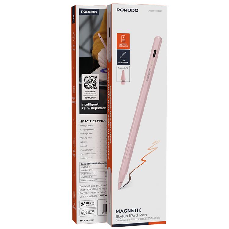 قلم Porodo مغناطيسي لأجهزة iPad، مقاس ريشة 1.2 مم، وقت عمل مستمر يصل إلى 9 ساعات، مصنوع من سبيكة الألومنيوم، منفذ شحن USB-C، بطارية 130 مللي أمبير في الساعة، متوافق مع موديلات iPad من 2018 إلى 2024، بدون تأخير، شحن سريع - وردي