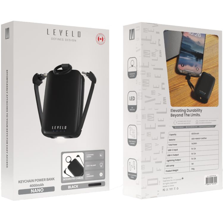 Levelo Nano Mini Portable Keychain Power Bank with Type-C & Lightning Heads, LED Indicator, Simultaneous Charging, Fast Charging Support, 4000mAh Battery Capacity - Black