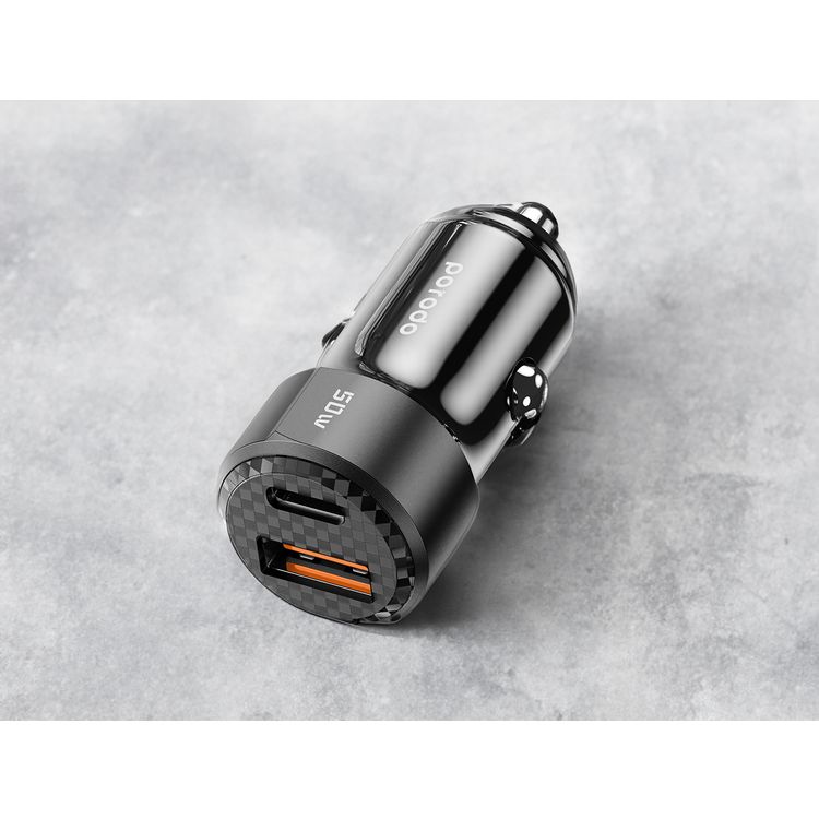 شاحن سيارة Porodo 50 وات بمنفذين مع كابل USB-C إلى USB-C، إجمالي خرج 50 وات، شحن متزامن، محمول، طول الكابل 1 متر - أسود