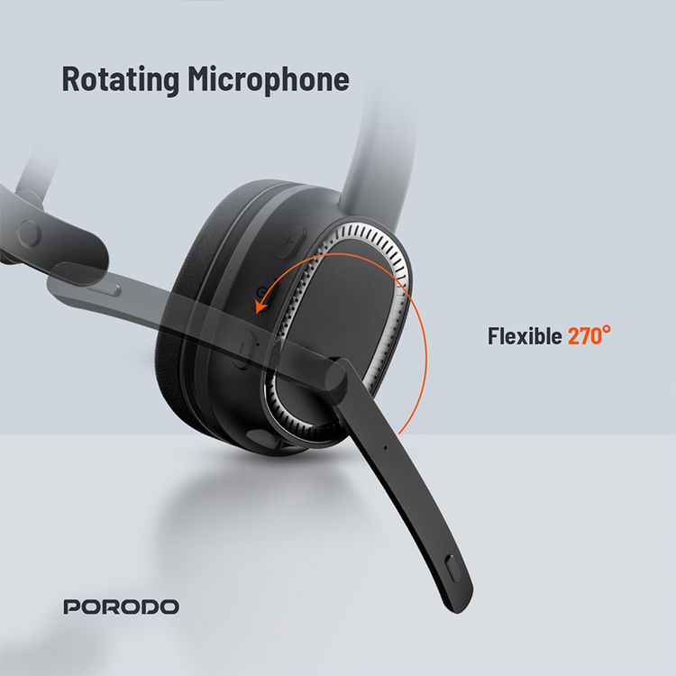 Porodo ENC Wireless Work Headphone with Noise Cancelling Microphone, Bluetooth V5.2, 15 Hours Working Time, 1 Hour Recharging Time, 200mAh Battery, Adjustable Headband - Black
