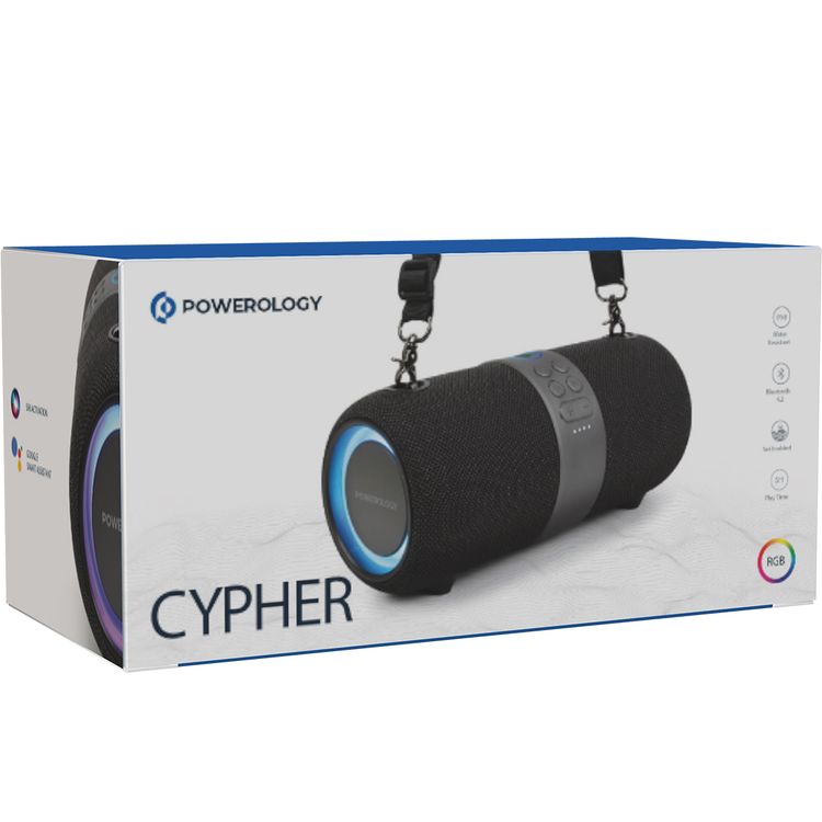 Powerology Cypher Portable Bluetooth Stereo Speaker with RGB Lighting, Up to 5.5 Hours Play Time, 3600mAh Battery, 10m Transmission Range, Compatible with Siri & Google Smart Assistant - Black