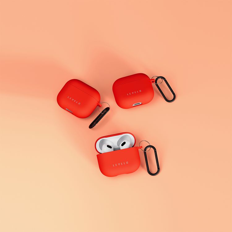 غطاء Levelo Gorra Hybrid Silicone لسماعات AirPods 3 مع حلقة تسلق معدنية، مقاوم للصدمات، تصميم هجين، خفيف الوزن ونحيف - أحمر