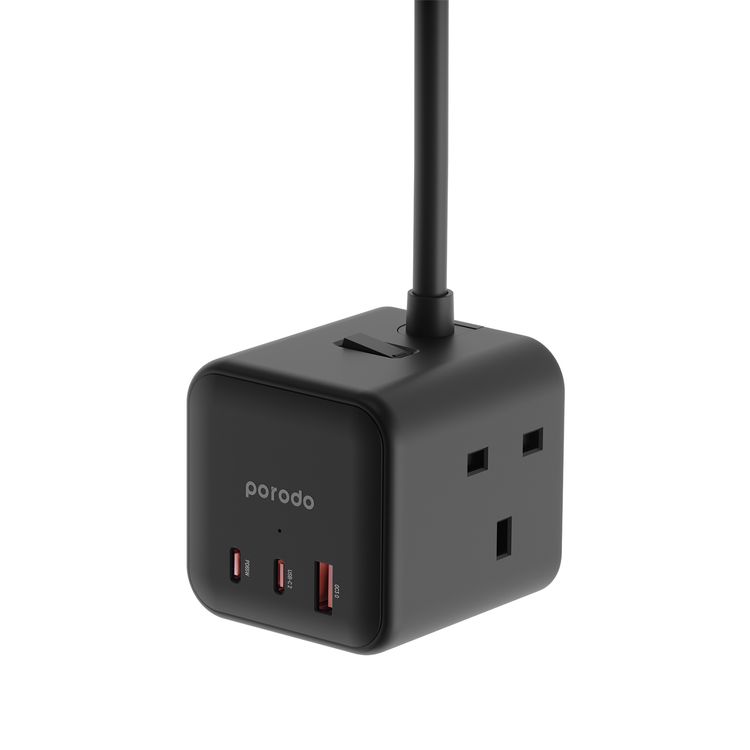 Porodo GaN Power Cube Multi-Port Charger with 3 AC Sockets, USB-A & Dual USB-C Ports, 3250W Power, Overload Protection, 60W USB-A QC Output, Super-Compact - Black