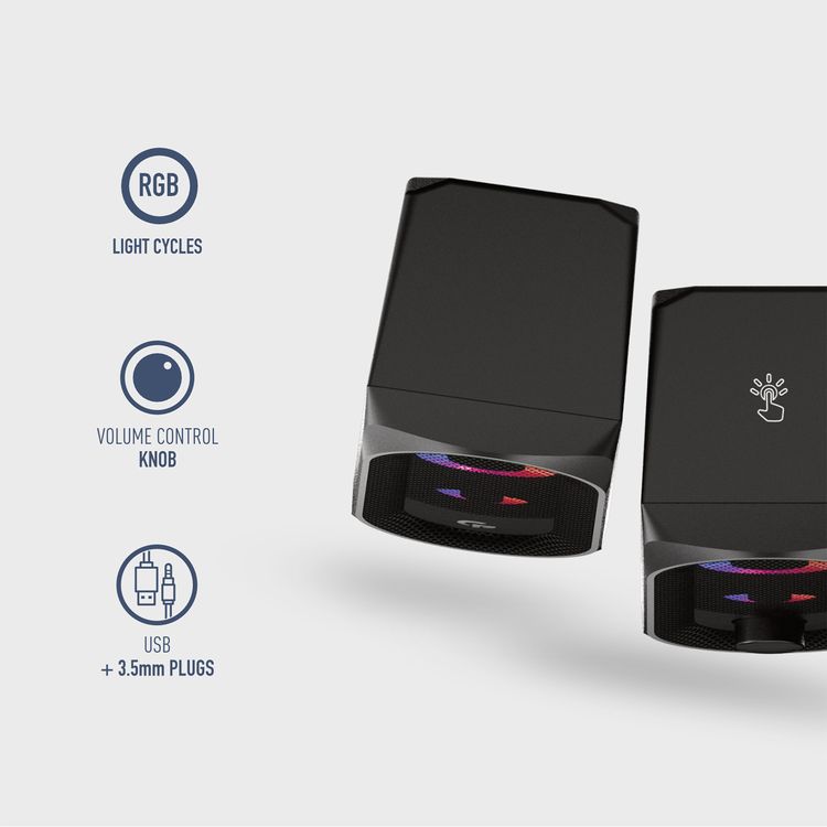 Porodo Gaming Stereo Speakers with RGB Light Effects, USB-A & 3.5mm Plugs, Volume Control Knob, 10W RMS Output, 1.2m Cable Length, Lightning Touch Sensor - Black