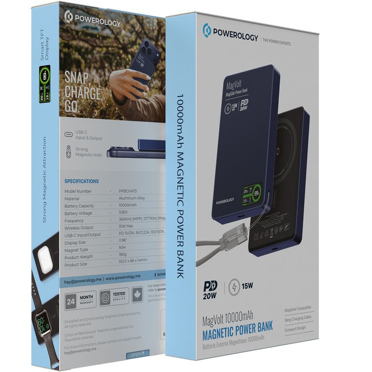 Powerology MagVolt 10000mAh Power Bank, 2.5W Watch Output, Up to 15W Phone Output, 20W Power Delivery, Ultra-Slim Design, Smart TFT Display, N54 MagSafe Compatible - Blue