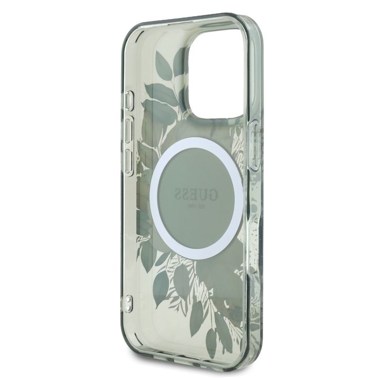 Guess Magsafe IML Transparent Hard Case with Flower Design & Tonal Circle Logo for iPhone 16 Pro Max, Lightweight, High Quality Material - Green