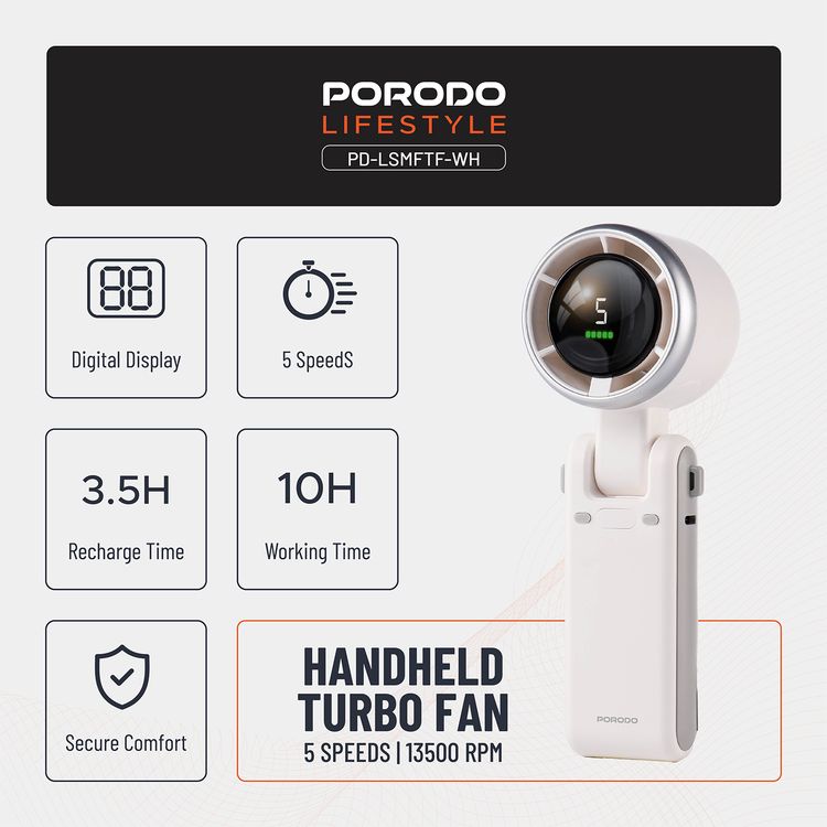 Porodo LifeStyle 3in1 Multi Functional 180° Foldable Handheld Turbo Fan, 3600mAh, 10 Hours Working Time, Type-C Charging Port,  Digital Display, 3.5 Hours Recharging Time - White