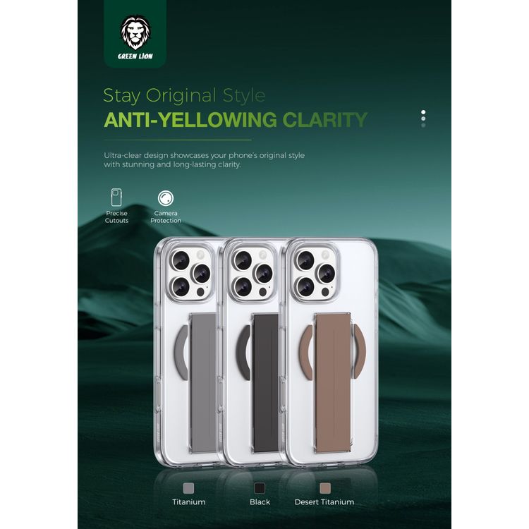 كفر حماية Green Lion MagSafe Grip لهاتف iPhone 16 Pro، شفاف مقاوم للاصفرار، حماية من الدرجة العسكرية، قبضة مريحة - تيتانيوم