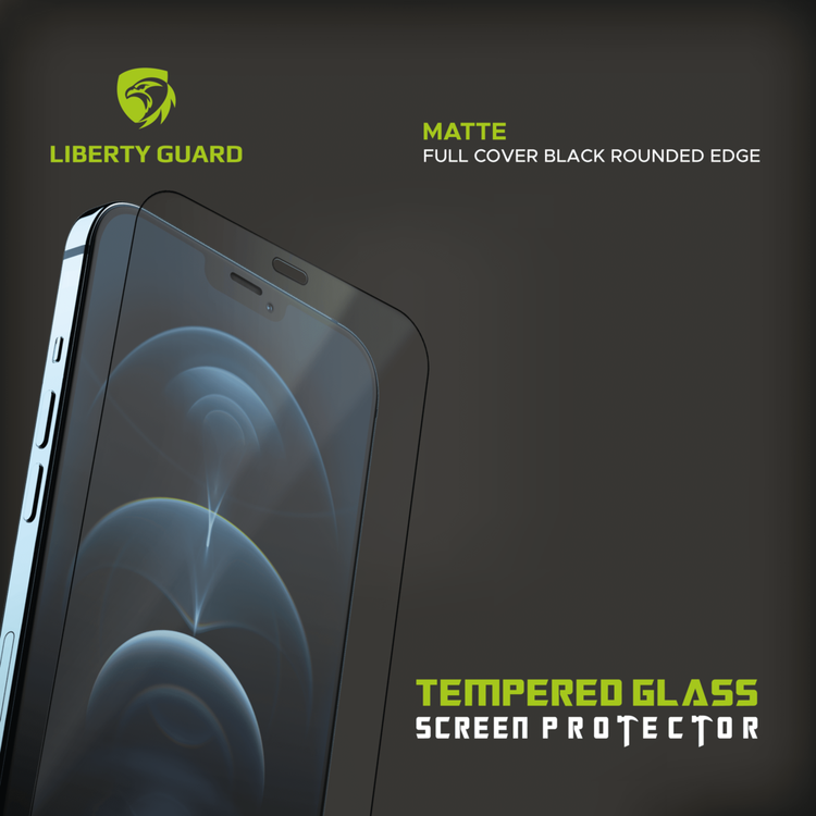 واقي شاشة أسود مطفي من Liberty Guard بحافة مستديرة سوداء لهاتف iPhone 12 Pro Max، مضاد للصدمات والتأثيرات - شفاف