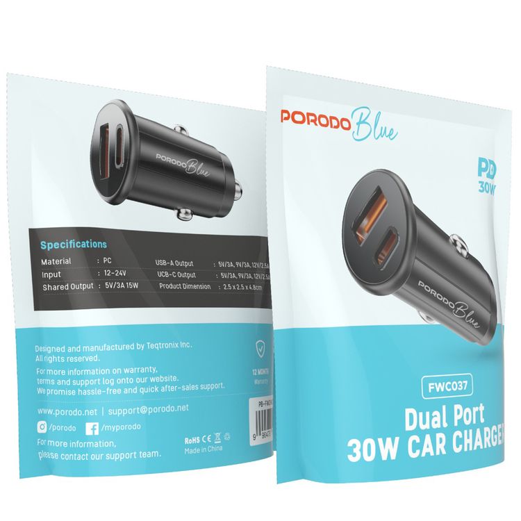 Porodo Blue Dual Port 30W Car Charger with USB-C & USB-A Ports, 15W Shared Output, Polycarbonate Material - Black