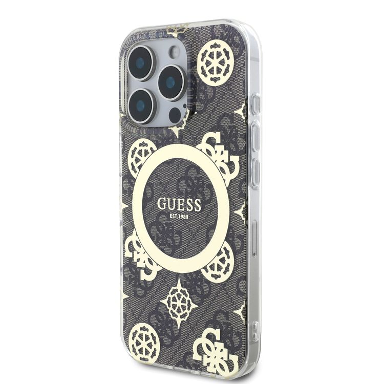 Guess Magsafe IML 4G Design Hard Case with Peony for iPhone 16 Pro, High Quality Material, Lightweight, Comfortable and Secure Grip - Brown