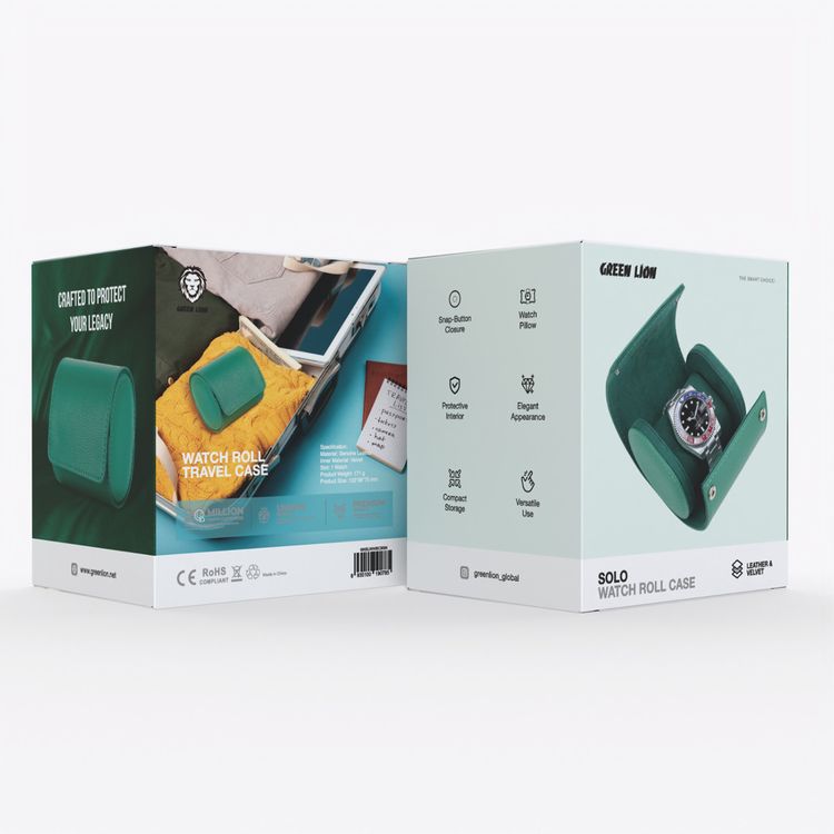 Green Lion Solo Watch Roll Case with 1 Watch Slot, Genuine Leather, Snap-Button Closure, Protective Interior, Compact Storage, Versatile Use - Rolex Green