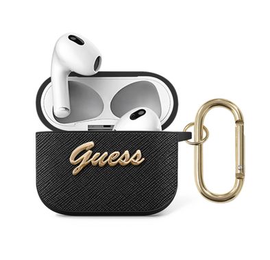 Guess PU Saffiano Case with Script Metal Logo for Airpods 3 - Black