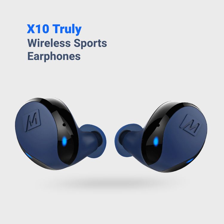 سماعات MEE Audio X10 اللاسلكية بالكامل مع تصميم مريح، وأحجام مختلفة من أطراف الأذن المصنوعة من السيليكون، ودعم للمساعد الصوتي، وميكروفون مدمج متعدد الاتجاهات، و23 ساعة من عمر البطارية مع علبة شحن، ووقت شحن ساعتين - باللون الأزرق.