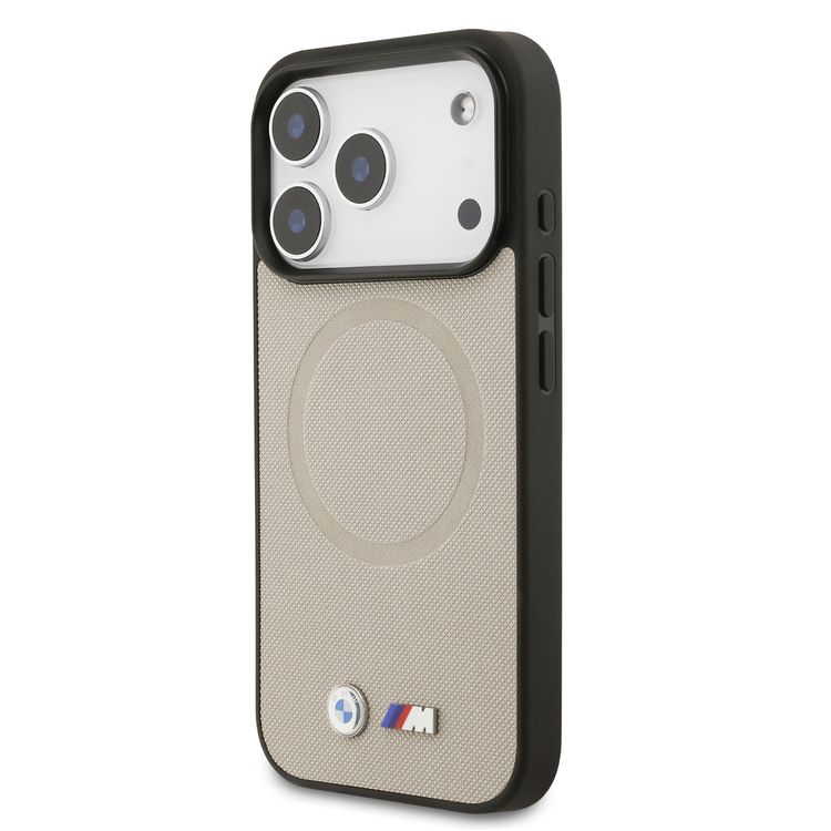 غطاء جلد ملفوف بالكامل من BMW MagSafe مع شعارات معدنية لهاتف iPhone 17 Pro Max، تغليف مستدام، تصميم سهل التركيب، شكل نحيف، حماية من السقوط - رمادي