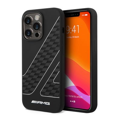 جراب من السيليكون السائل من Amg بنمط علم مربعات - آيفون 14 برو - أسود / أبيض
