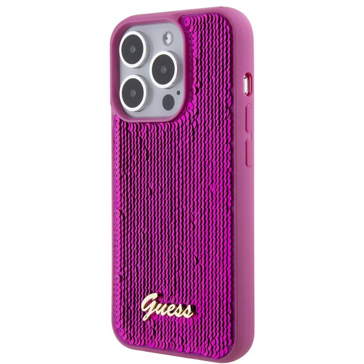 Guess Sequin Script Case with Guess Metal Logo - Fuchsia - iPhone 15 Pro Max