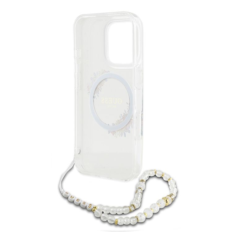 Guess Magsafe IML Hard Case for iPhone 16 Pro Max with Flower Wreath Design & Pearl Strap, Lightweight, Comfortable Grip, Drop Protection - Clear 