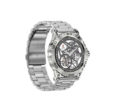 ساعة Swiss Military Dom2، عمر بطارية يصل إلى 7 أيام، استقبال وإجراء مكالمات، مراقبة معدل ضربات القلب وضغط الدم ومستوى الأكسجين، iOS وAndroid - فضية مع حزام معدني