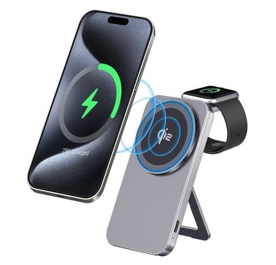 Green Lion Magstand Duo Wireless Charger with Built-in Kickstand, USB-C Input Port, 15W Fast Charging, Multi-Device Charging, Qi2 Standard, Foldable & Ultra-Slim Design - Gray