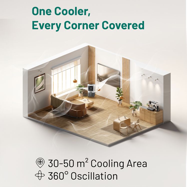 Green Lion GA40 Air Cooler with 40L Water Tank Capacity, 150W Power, 2m Cord Length, UK Plug, Digital Display, Remote Control, Humidification System - White / Gray