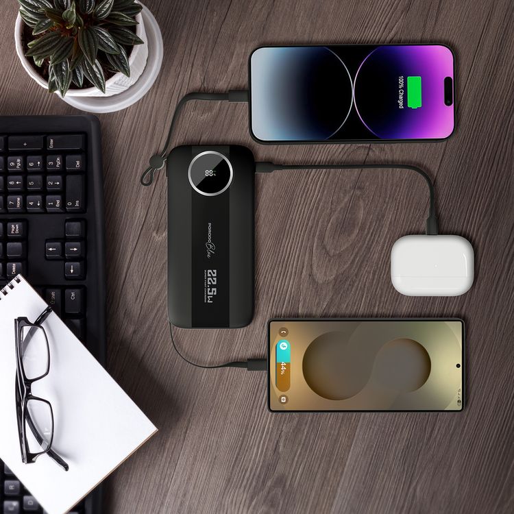Porodo Blue Specca I 10000mAh Multi-Port Power Bank with Type-C & Lightning Cable, Smart Display, Simultaneous Charging, ABS+PC Material - Black