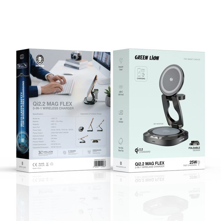 Green Lion Qi 2.2 MagFlex 3-in-1 Wireless Charger, 5W Watch, 5W Earbuds, 25W Phone Wireless Output, Non-Slip Base Pad, LED Indicator, Foldable Design - Gray