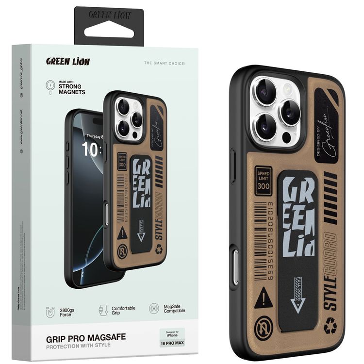 Green Lion Grip Pro MagSafe Case for iPhone 16 Pro, Foldable Leather Grip, 3800gs Force, Drop Protection & Shock Absorption, Anti Scratch - Desert Titanium