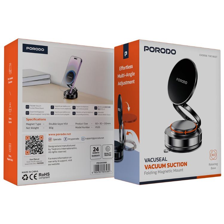 Porodo Vacuseal Vacuum Suction Folding Magnetic Mount with Double-Layer N54 Magnet, One-Handed Operation, Multi-Angle Adjustment, 360° Rotating Base, Strong Suction - Black