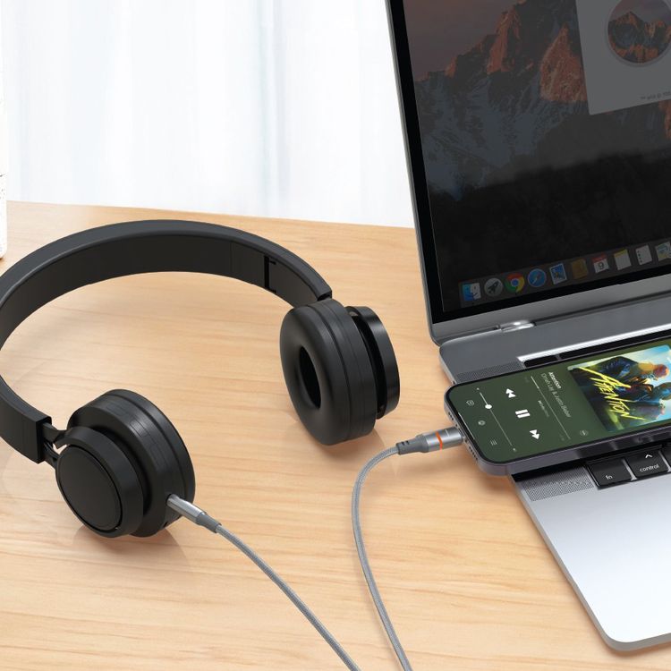 Porodo AUX to Lightning Cable with LED Light, 1.2m Cable Length, Universal Compatibility, Braided Cable Type, Tangle-Free Design - Gray